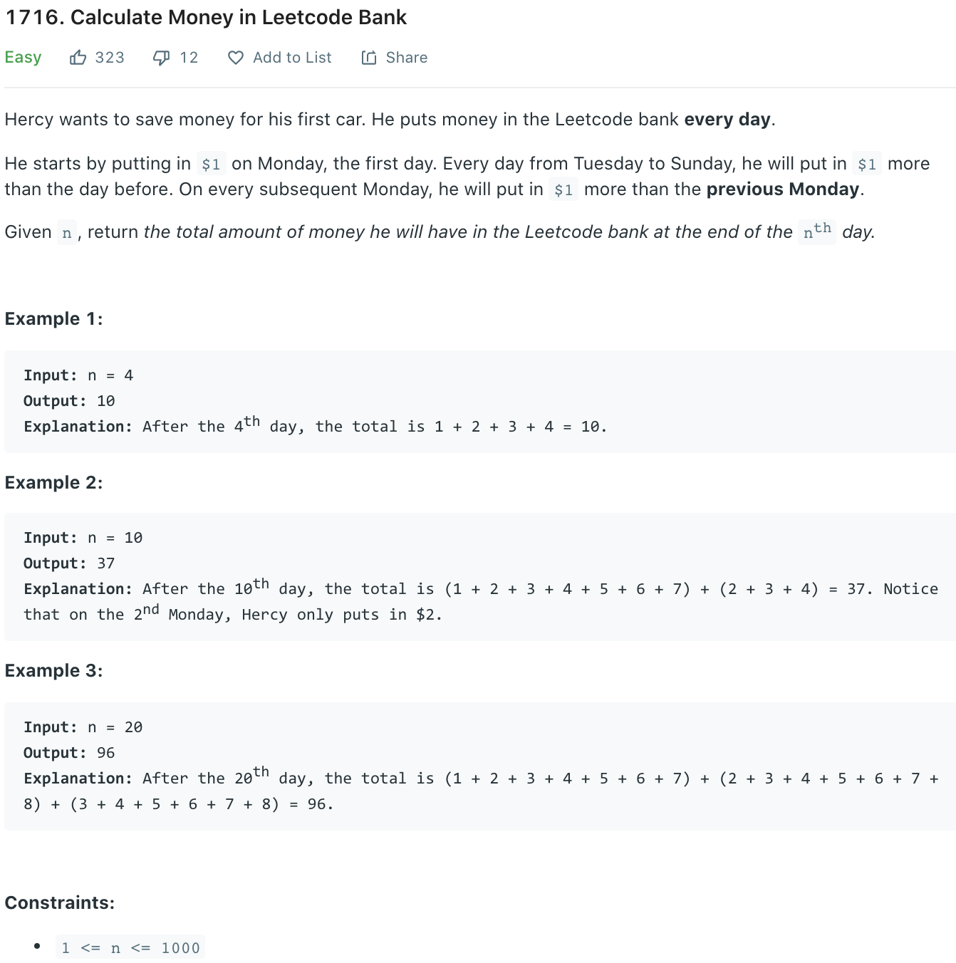 Calculate Money in Leetcode Bank