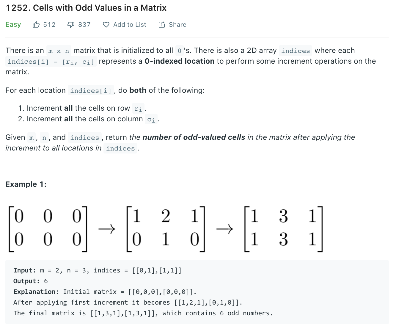 Cells with Odd Values in a Matrix