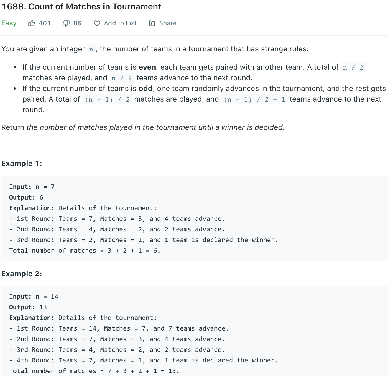 Count of Matches in Tournament