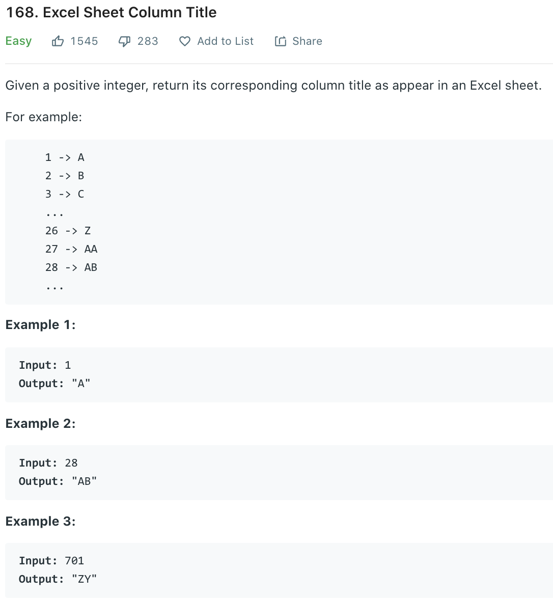 excel sheet column title leetcode solution python