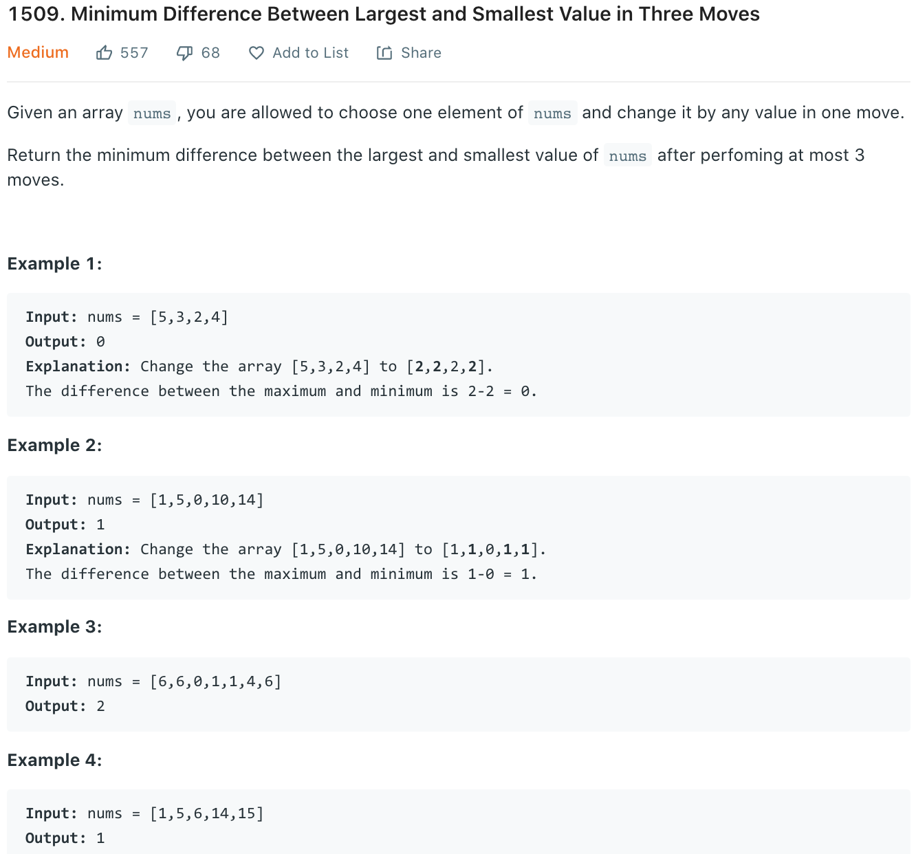 Minimum Difference Between Largest and Smallest Value in Three Moves