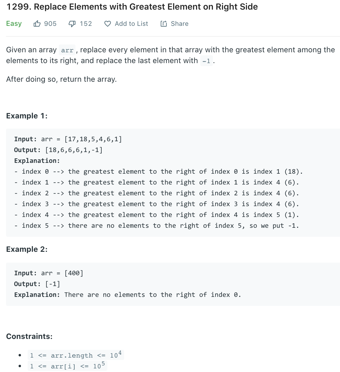 Replace Elements with Greatest Element on Right Side