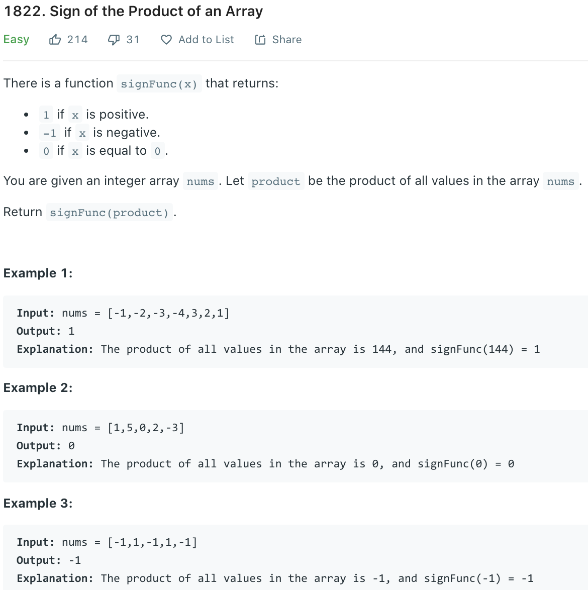 Sign of the Product of an Array