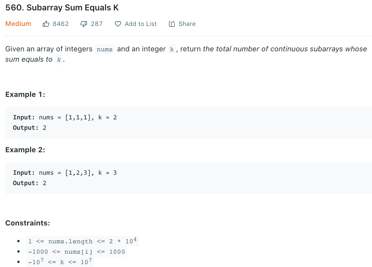 Subarray Sum Equals K