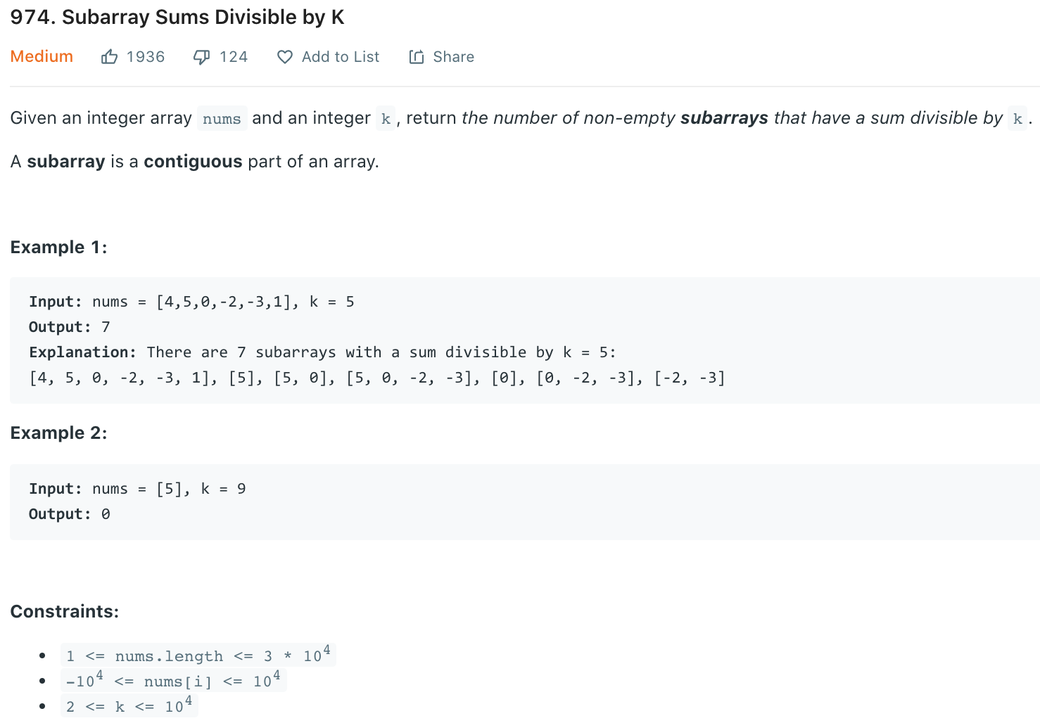 Subarray Sums Divisible by K