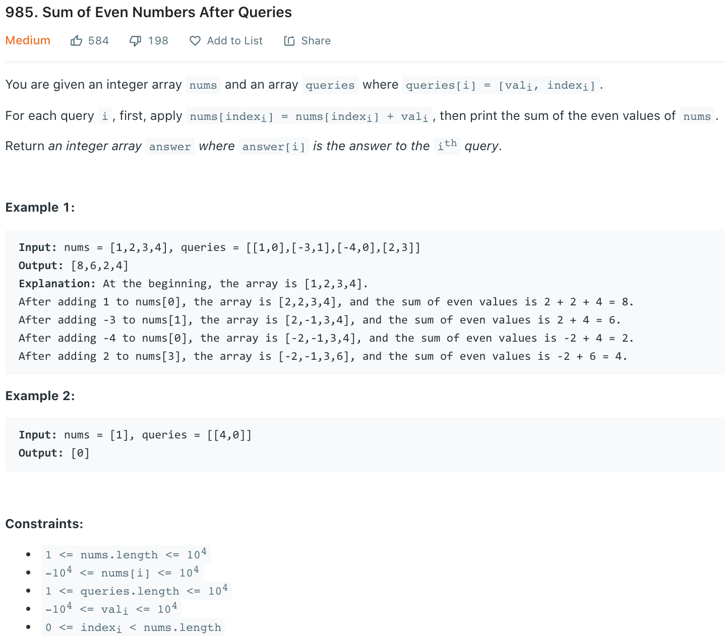 Sum of Even Numbers After Queries