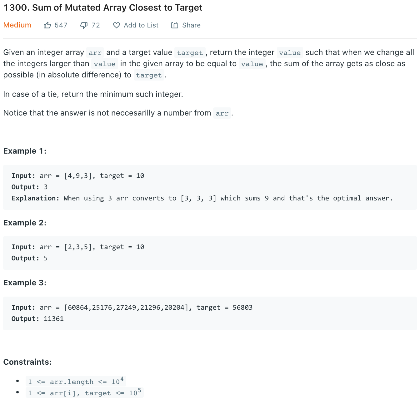 Sum of Mutated Array Closest to Target